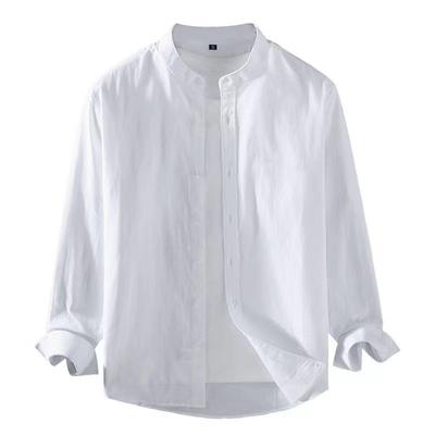 Spring Summer Men's Linen Shirt Pure White Stand Collar Long Sleeve Henley Soft Comfortable Simple Slim Fashion