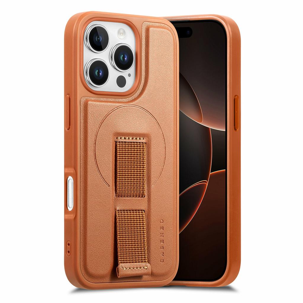 CASENEO For iPhone 16 Pro Max Magnetic Case Hand Strap Design PU Leather+PC Phone Cover