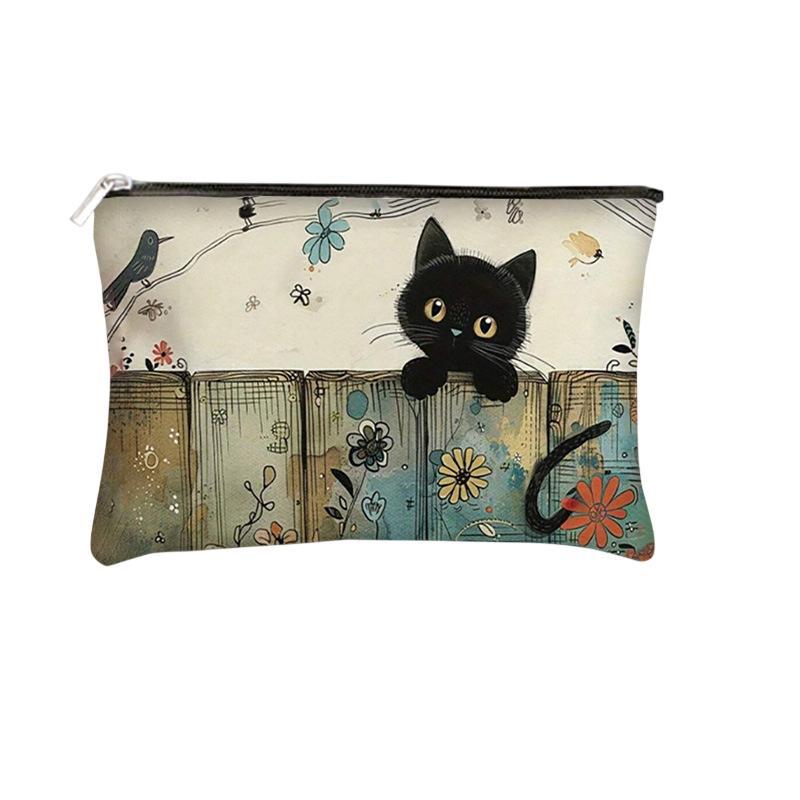 Astuccio con Cerniera Floreale Gatto Nero - Resistente, Anti-Sbiadimento Borsa per Cosmetici, Regalo per Sorelle, Amici, Amanti dei Gatti | Design Vivace