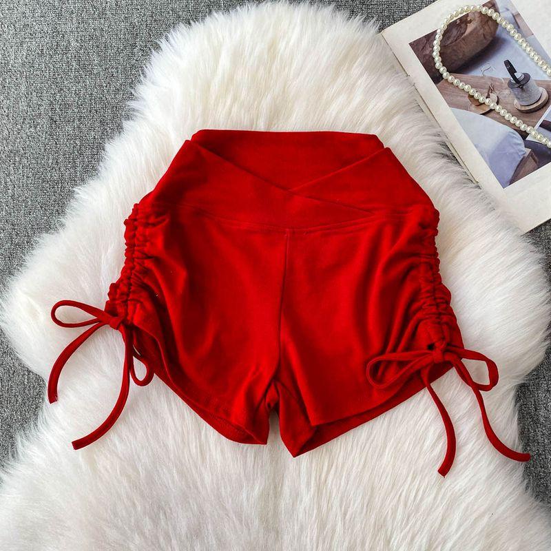 

European and American Sexy Fitness Yoga Drawstring Jump Steel Tube Dance Sports Shorts Women s Summer High Waist Hip Lifting Peach Hip Hot Pants Red One size