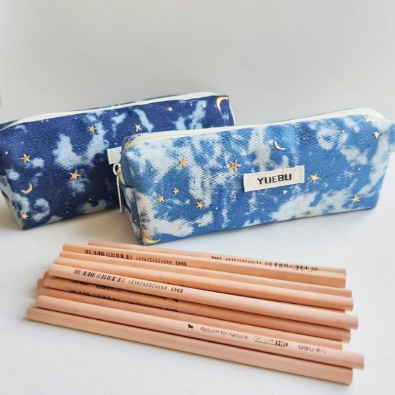Water Washable Denim Sequin Pencil Pouch With Large Capacity For Students And Office Use