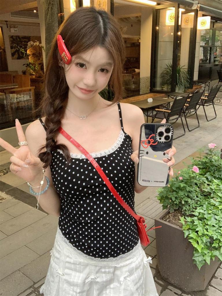Summer Korean Style Polka Dot Lace Splice Cotton Camisole Top