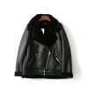 New Winter Women Fashion Leather Fur Warm Zipper Belt Buckle Stand Collar Motorcycle Short Jacket