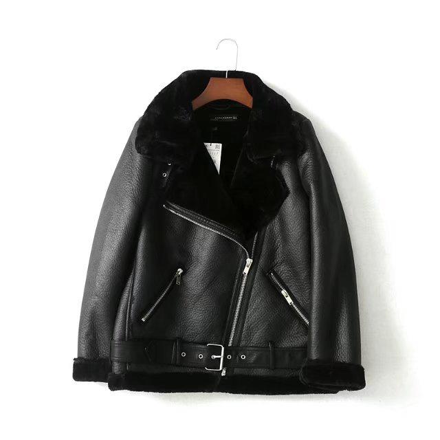 New Winter Women Fashion Leather Fur Warm Zipper Belt Buckle Stand Collar Motorcycle Short Jacket