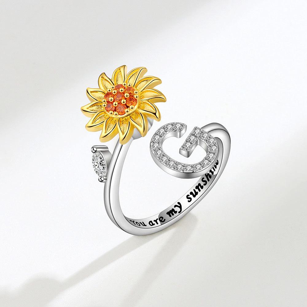 Creative Sunflower Rotating Ring 26 Letters Adjustable Open Design Women's Fashion Finger Jewelry Daily Wear & Gift Accessories
