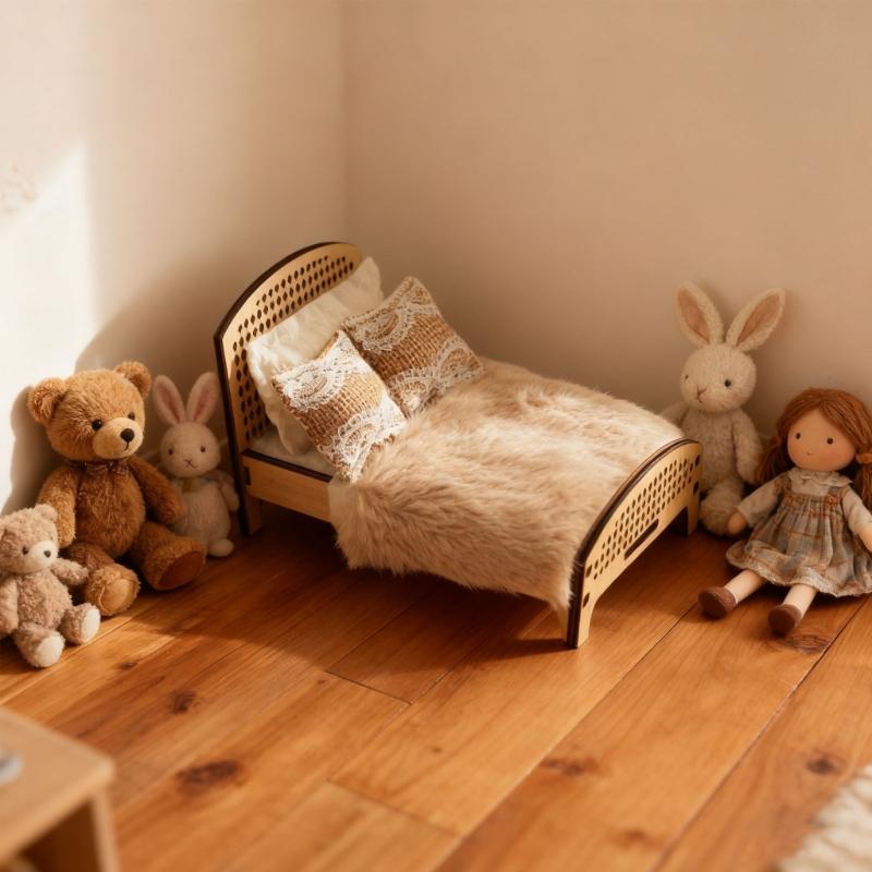Unpainted Wooden Double Bed with Bedding Doll House Bedroom Furniture for Children Creative Play and Learning Activity