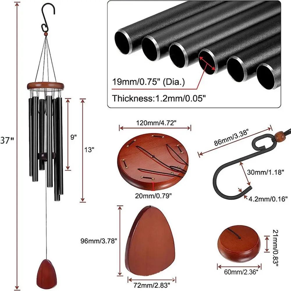 26/37Inch Memorial Wind Chimes,1Pc 6 Tubes Aluminum Alloy Wind Chimes with Hook Black Bells for Outside Home Garden Decor