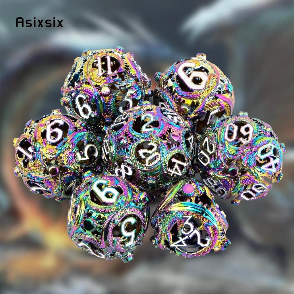 7 Pcs Colorful Circular Dragon Metal Dice Hollow Metal Polyhedral Dice Set Suitable for Role-Playing RPG  Board Game Card Game