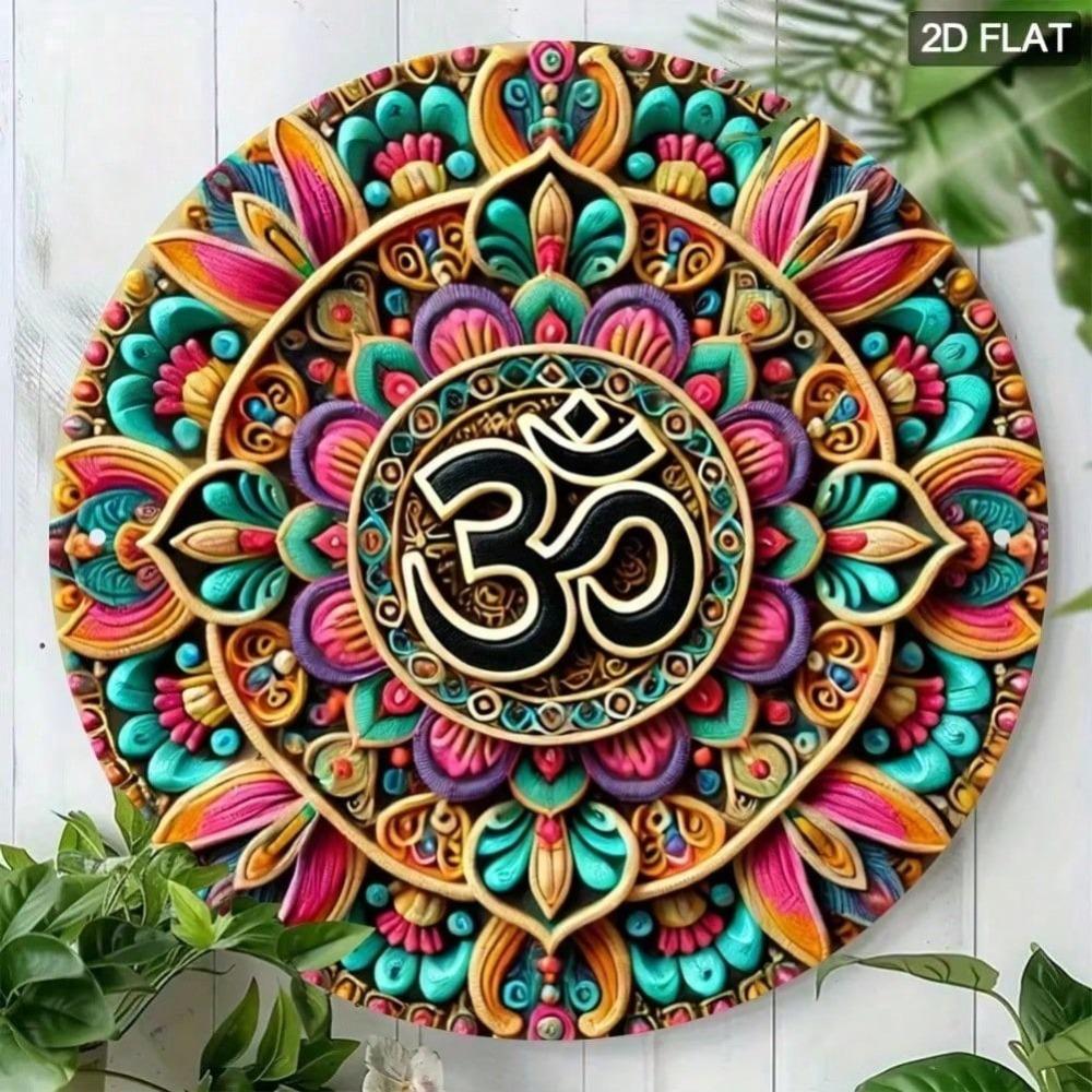 2D Flat Vibrant Om Symbol Decorative Round Aluminum Sign, Colorful Mandala Hindu Design for Home Wall Room Decor