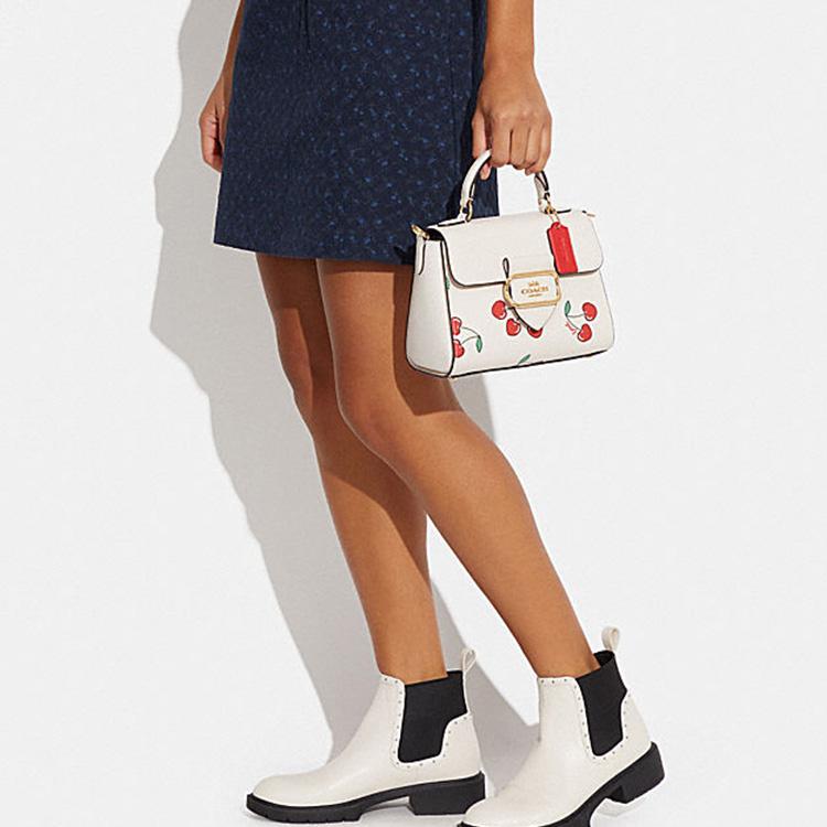 Coach Morgan 21 Snap Flap Closure Heart Cherry Print Faux Leather With Cowhide Leather Shoulder Crossbody Tote Bag Small Women Handbags CF419-IMCAH