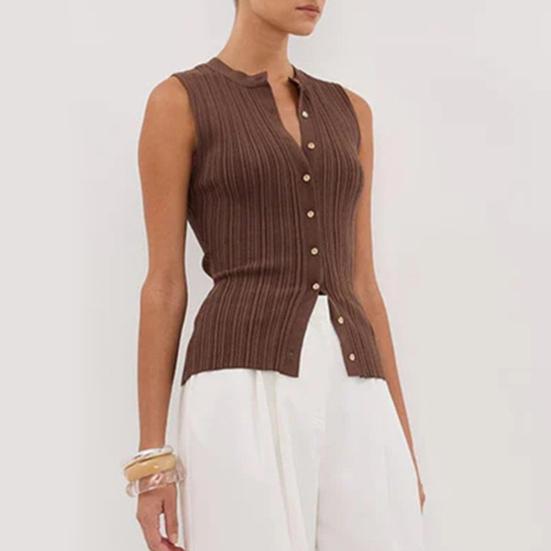 Summer Vest V-Neck Sleeveless Single-Breasted Design Tank Tops with Wrinkled Decoration Regular Fit Tops