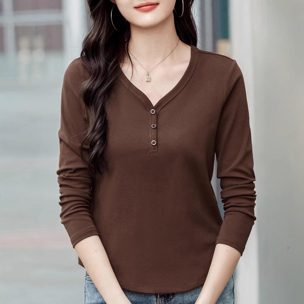 Korean Version of Small Long-sleeved T-shirt for Women Loose Spring New Bottoming Shirt Curved Hem V-neck Top