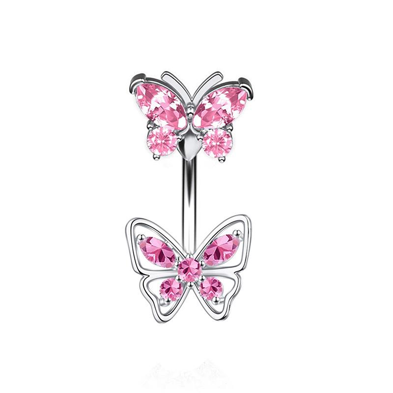 Exquisite Stainless Steel Pink Zircon Butterfly Navel Ring Sexy Body Jewelry For Women Girls Fashion Belly Button Rings Gifts