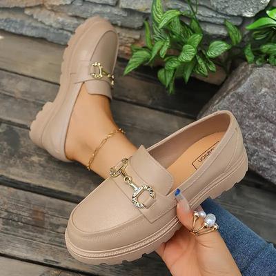 Women'S Metallic Loafers with Decorative Buckle Straps - Slip-On Round-Toe Comfortable Shoes for All-Season