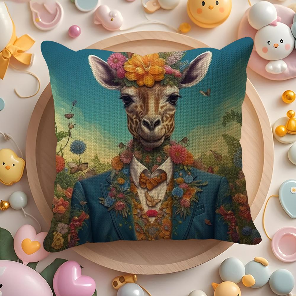 Retro Dressed Up Giraffe Pillow Case Pattern Printed Pillowcase For Living Room Sofa Cushion Cover Bedroom Decor
