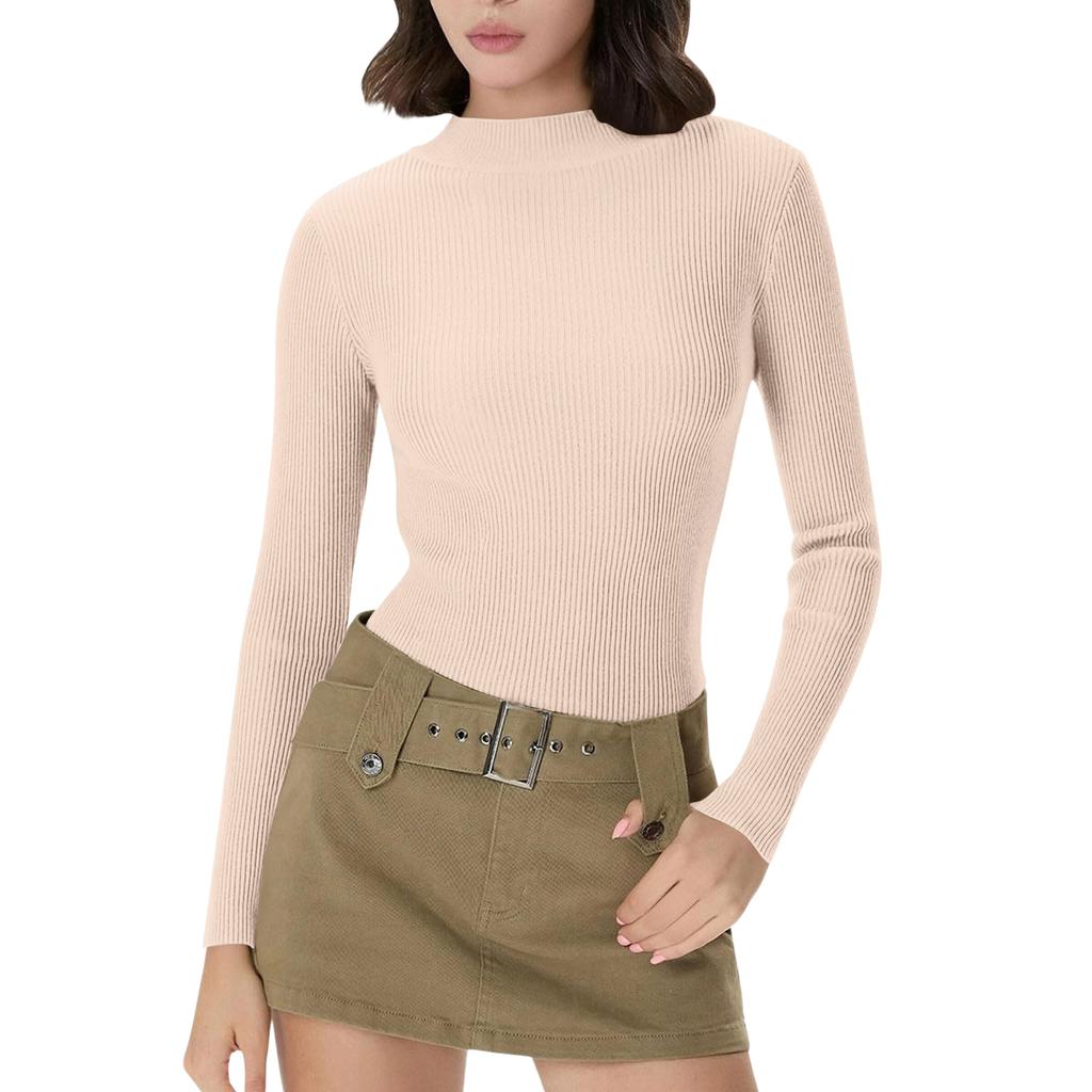 Women's Everyday Casual ,Color Half,High Neck Long,Sleeve Knit Base Layer Top