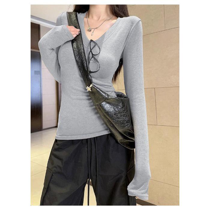 Damen Französisch High-End V-Ausschnitt Raffinierte Taille Langarm Slim-Fit Basisschicht-Oberteil für den Herbst