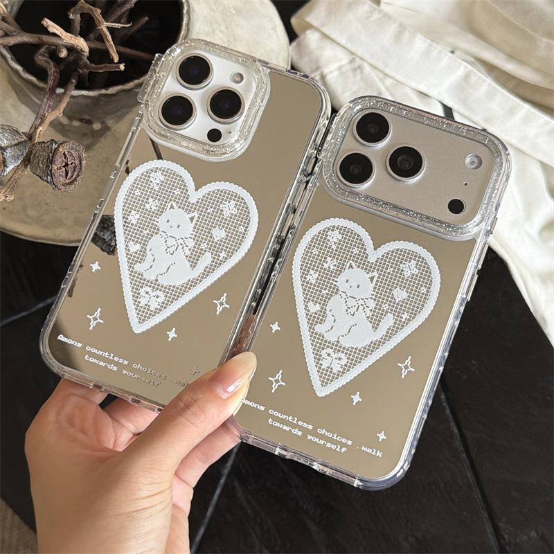 Cute White Love Cat Mirror for iphone11Promax/11Pro iPhone Case Cartoon Woman