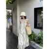 New Chinese-style High-end Female Thai Seaside Vacation Super Fairy Beach Dress Smudged Printed Lace-up Neck Dress