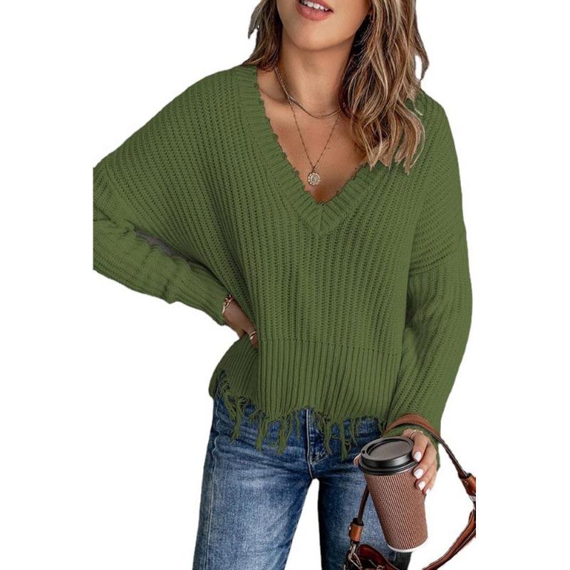 Autumn and Winter Fashion New Style Gray Cotton V-neck Long-sleeved Tassel Ripped Sweater, Casual Loose Blue Ladies Pullover Sweater  Top AL6101