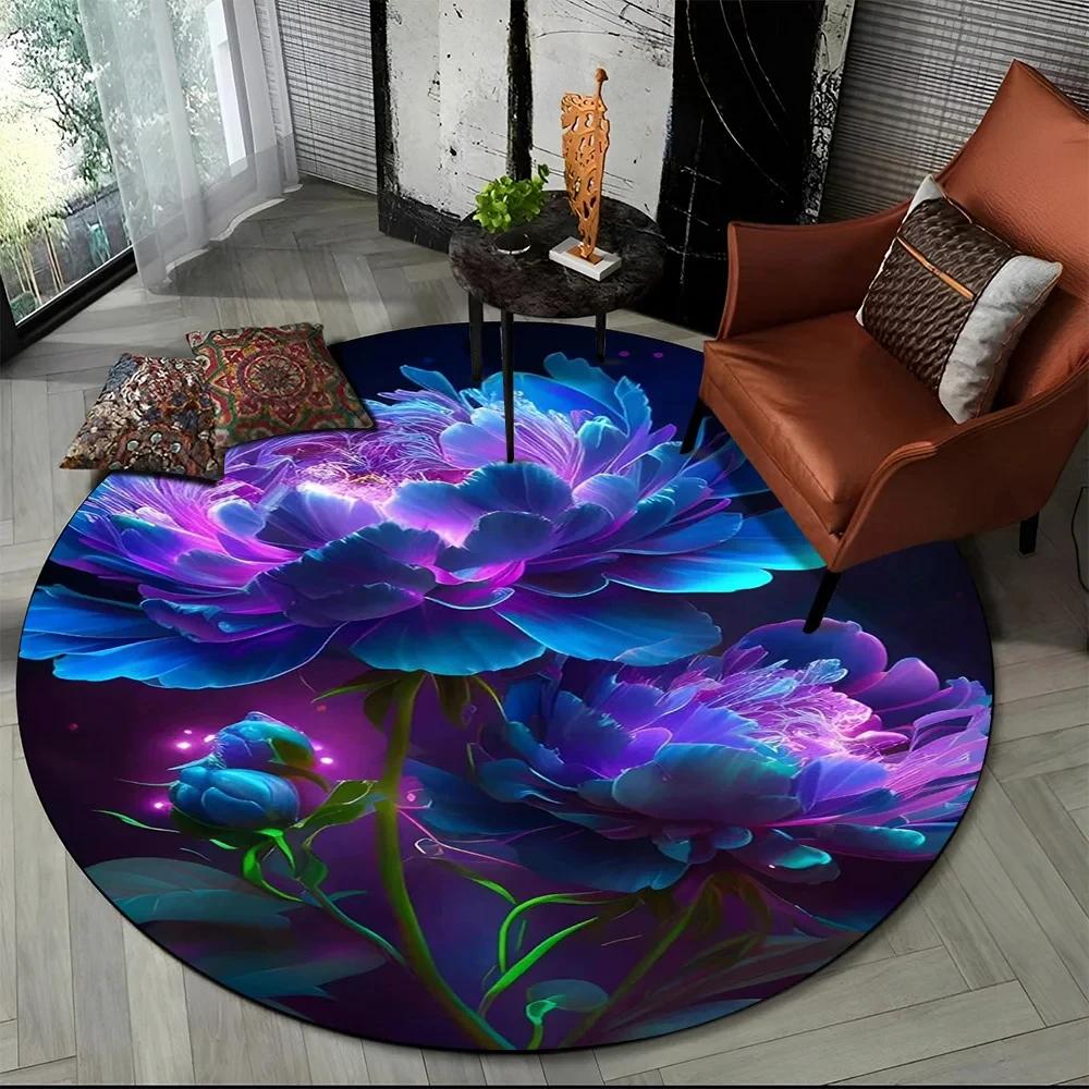 3D Luxusný koberec Flower Rose Daisy Nordic Okrúhly koberec do obývačky Spálňa Dekor stoličky do detskej herne, Protišmyková podložka pre domáce zvieratá