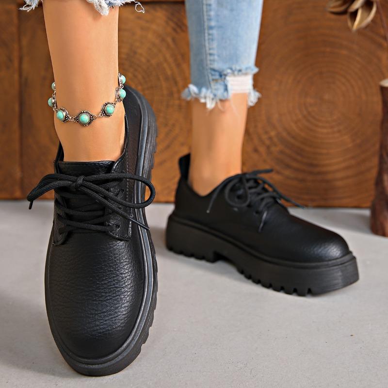 Fashion Block Heel Platform Single Shoes Autumn New Round Toe Front Lace-up Soft Leather Soft Sole Non-slip Low Top Shoes