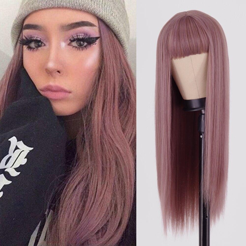 MERISIHAIR Long Straight Black Wig with Bangs Synthetic Hair Wigs Bang with Wig for Women Wine Red Gold Heat Resistant Wigs