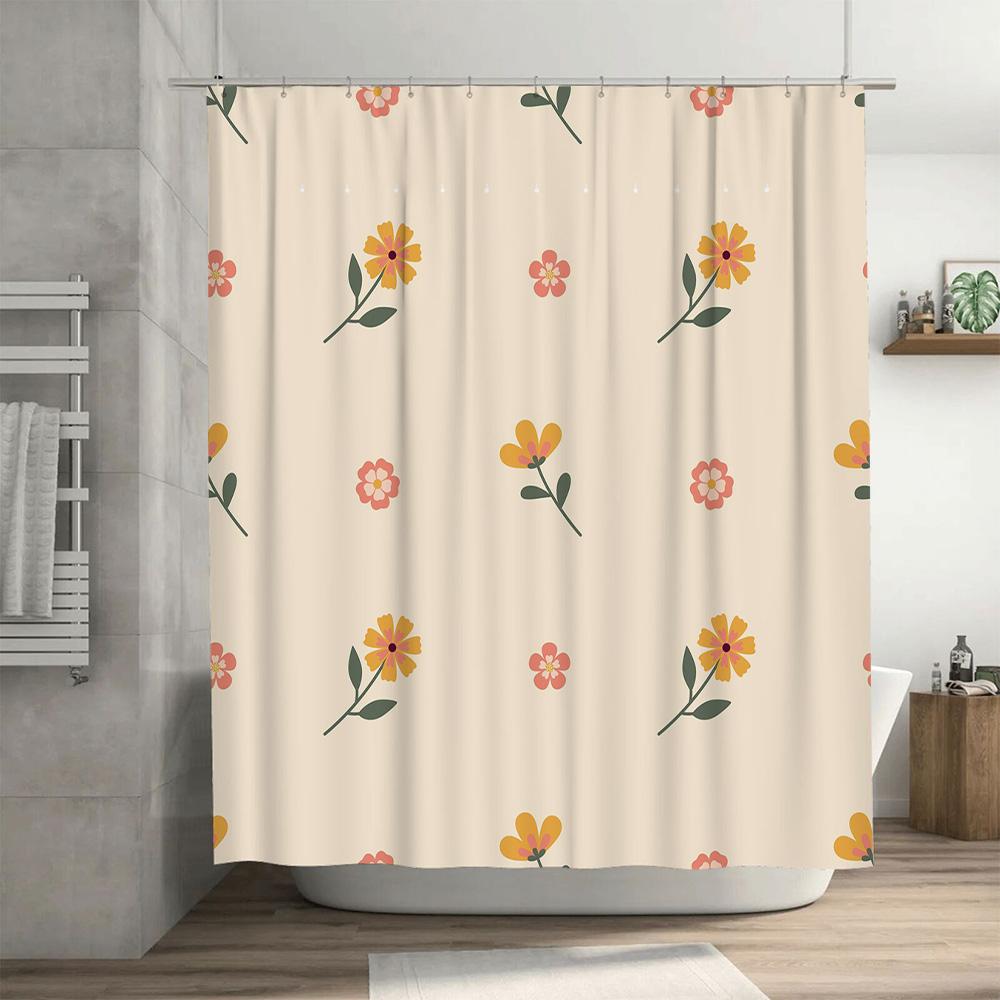 Vintage Floral Bath Shower Curtain Decorative Waterproof Fabric White Pink Yellow Flowers Design Size Customizable for Bathroom