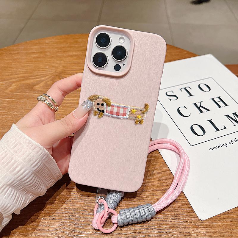 Korean Cute 3D Cartoon Embroidery Dog Lanyard Rope Phone Case For iPhone 17 16 15 14 13 11 12 Pro Max 16 Plus Funny Puppy Cover