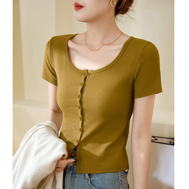 Women's Single Row of Buttons T-shirt Short-sleeved Summer New Threaded Cotton High-waisted Short Tops