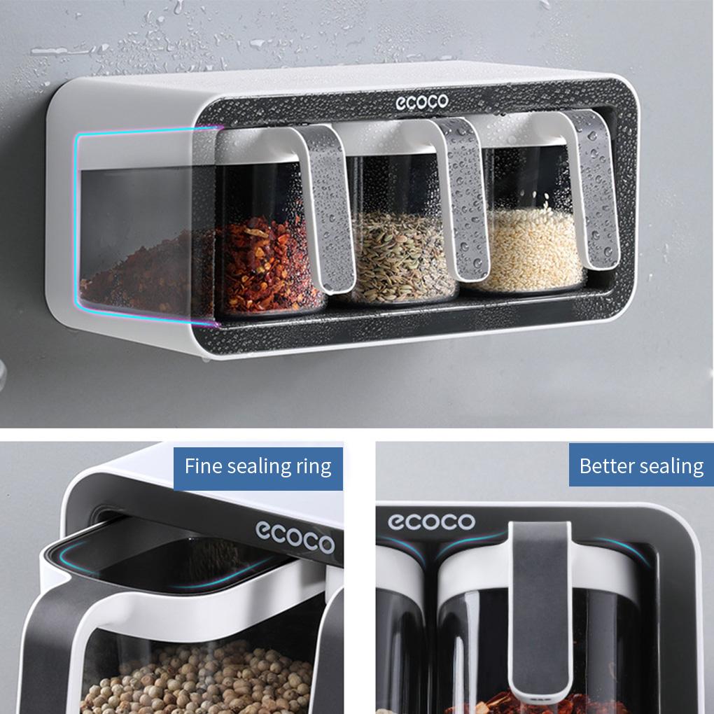 2/3Cups Wall Mount Spice Rack Multi-Grid Sugar Bowl Salt Shaker Seasoning Container Spice Boxes Kitchen Accessories Organizer