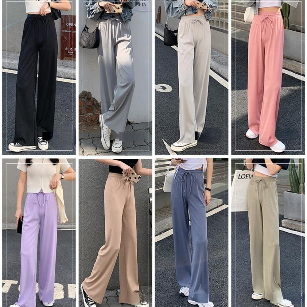 Summer Ladies Ice Silk Light Wide Leg Trousers Girl Solid Color High Waist Loose All-match Straight Casual Pants