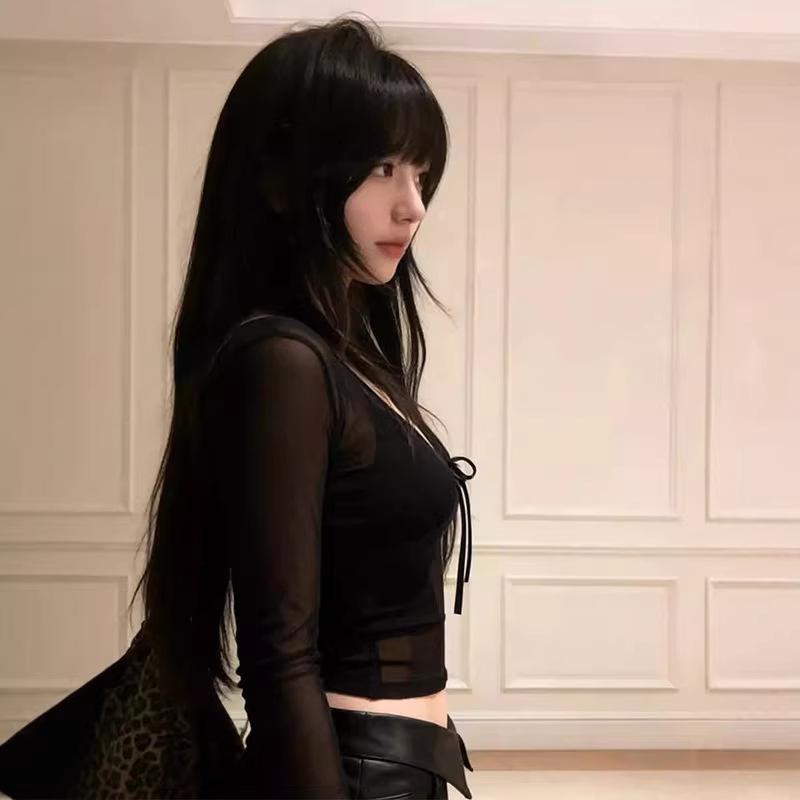 Black Sexy V-neck Long-sleeved Lace Bottoming Shirt Women's Spring New Spice Girl Slim-fitting and Thin Short Micro-transparent Top