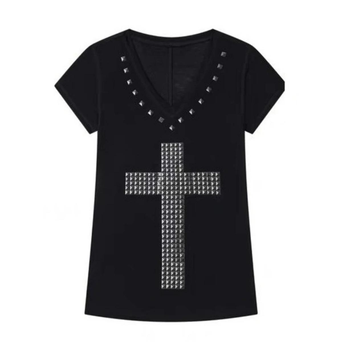 

2KWEIRD Japanese Y2k Metal Cross Print T-shirt Vintage Harajuku Short Sleeve Sheer Tops Trashy 2000s V-neck Streetwear Grunge L чорний