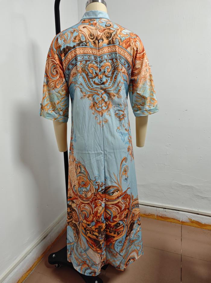 2026 Sommer Hellblau Retro-Print Hemdkleid