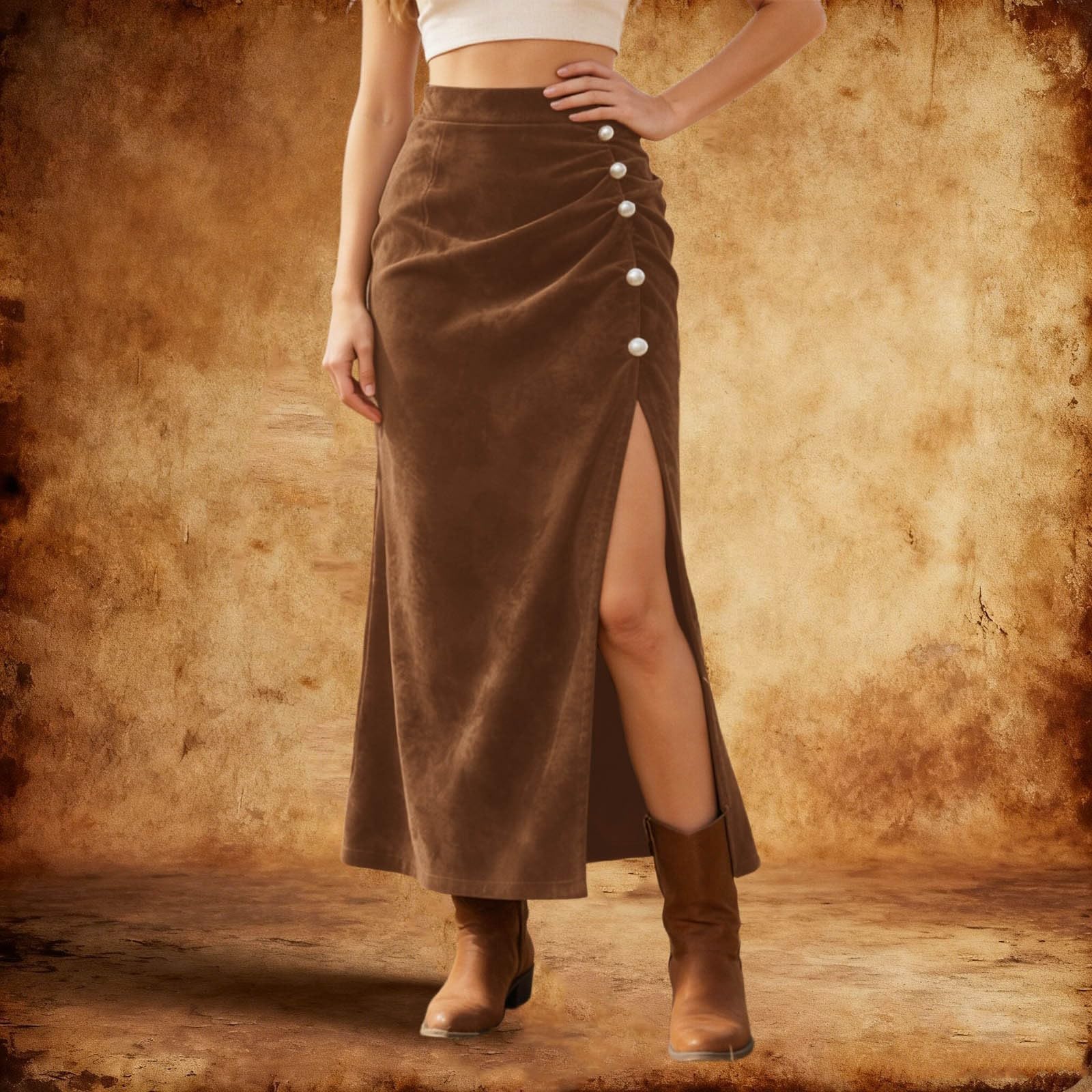 

Женская ретро юбка-сумка с высокой талией, стройнящая, средней длины, с разрезом, юбка-поло, подчеркивающая фигуру XL коричневый