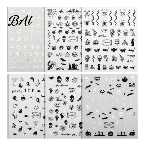 Halloween Nail Accessories 6 Sheets Glow-in-the-dark Sticker, Spooky Ghost Pumpkin Skull Manicure Decal Decal, DIY Decoration Party Favors for