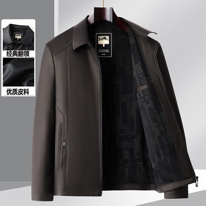 Spring and Autumn New Chinese Men's Leather Jacket Lapel Spring and Autumn Leather Clothes Jacket Warm Dad's Executive Jacket