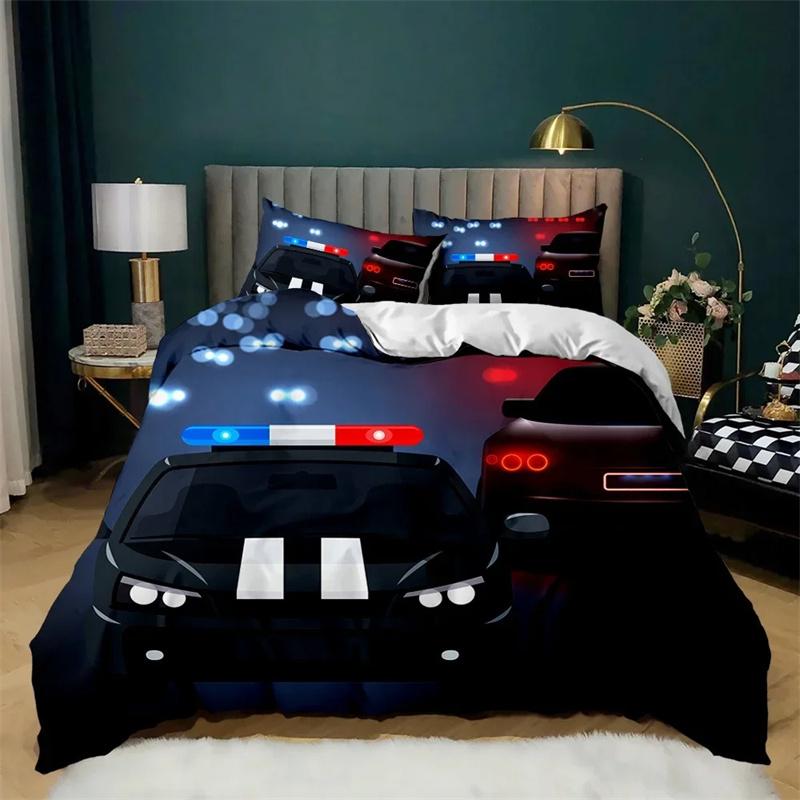 Auto Bettbezug Schwarz Polizist Auto Einzelbettwäsche Set Cartoon Fahrzeug Bettdecke Rot Polizistenlichter Polyester Steppdecke