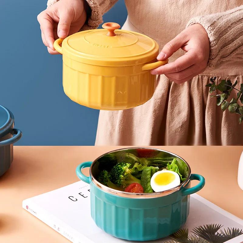 850ml Instant Ramen Schüssel mit Deckel Löffel Niedlich Edelstahl Große Kapazität Nudel Obstsalat Suppenschüssel Set Küchengeschirr