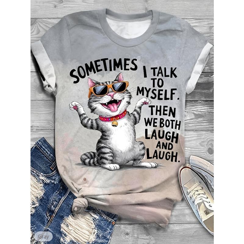 Women s Casual Fashion Casual Wear Bell Glasses Cat Pet Animal Print Daily Plain Round Neck Short Sleeve Spring/Summer T-Shirt S