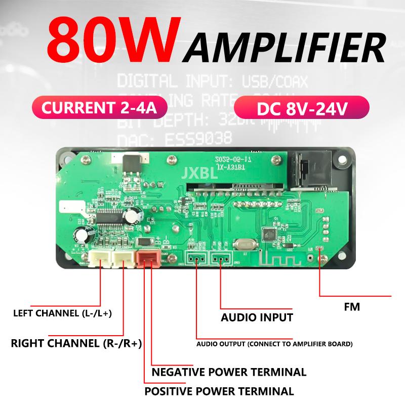 80W Bluetooth 5.0 MP3 Decoder Board 2x40W Stereo Audio Player USB TF FM AUX Mic Recording Karaoke DC 8V-24V Car HomeGood product