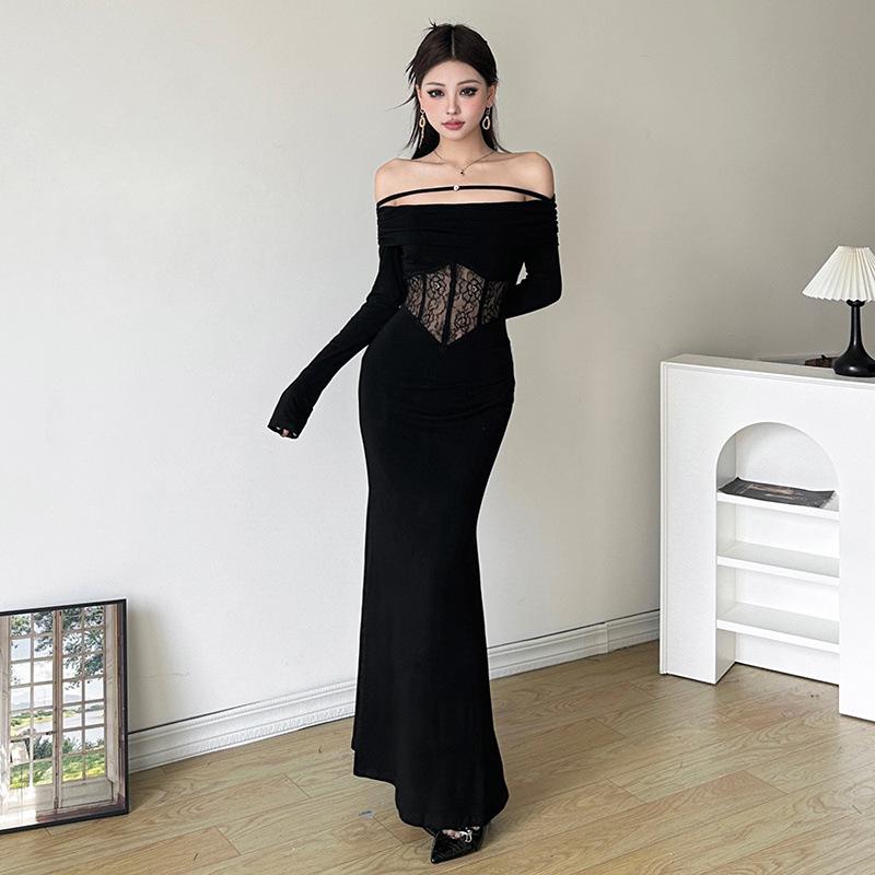Elegant French Lace One-Shoulder Fishtail Knit Dress - Slim-Fit Waist-Cinching Long Gown for Women