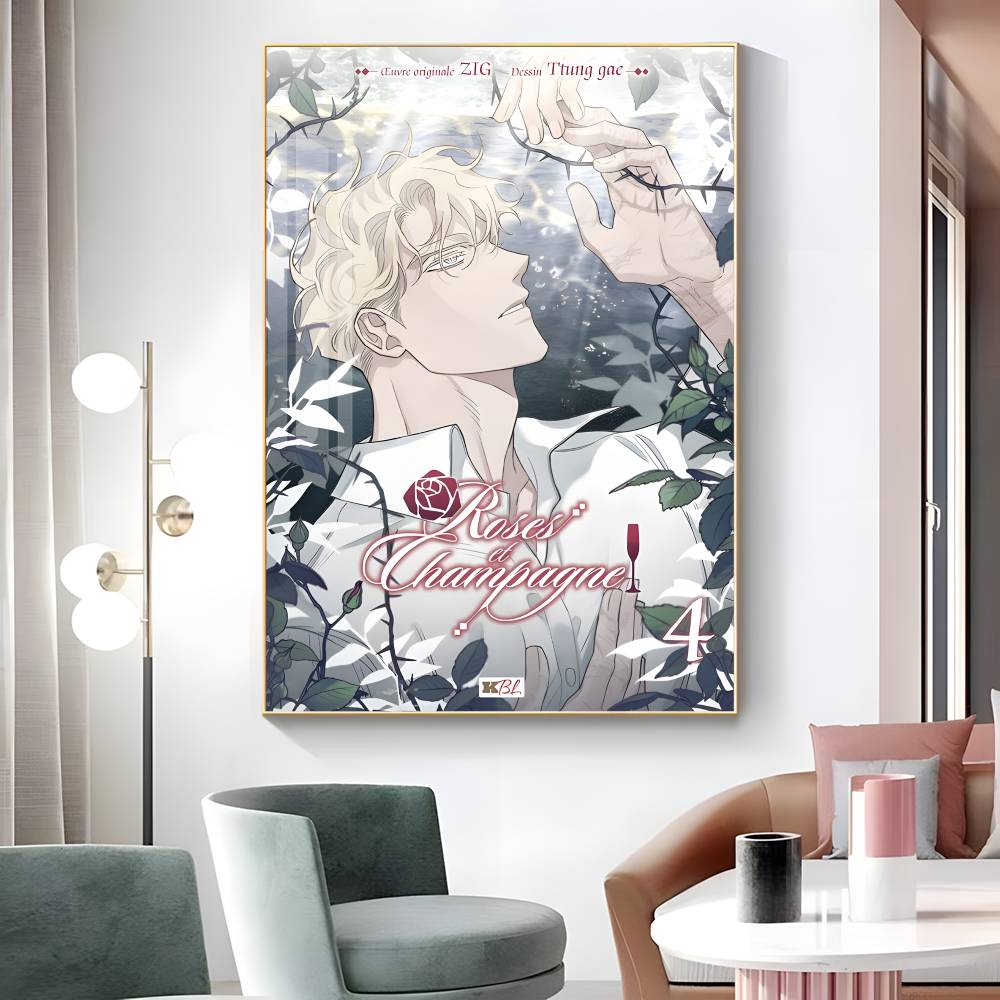 1ks Anime R-Růže a šampaňské Plakát Samolepka Tisk Voděodolné Nástěnné umění do obývacího pokoje Ložnice Domácí dekorace