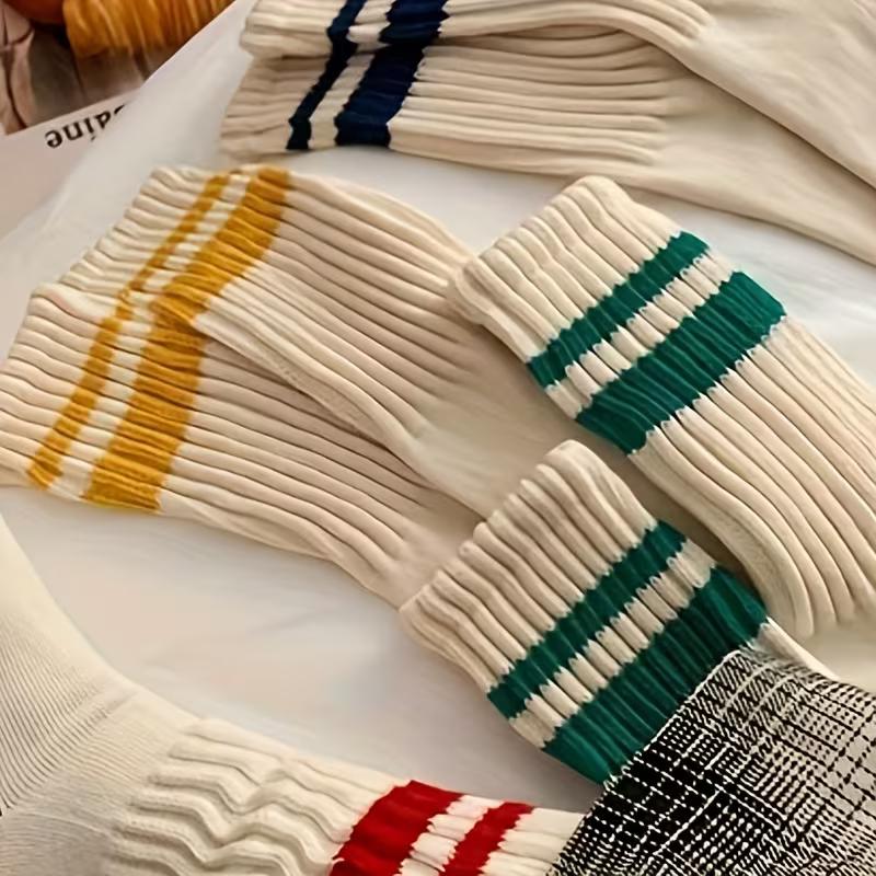 Herbst/Winter 5 Paar Unisex Mittelhohe Socken | Color-Block Gestreifte Socken