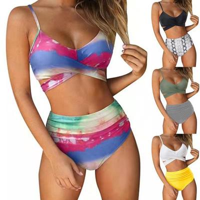 2Pcs/Set Printing Swimsuit Sexy Wire Free Front Cross Bikini Set for