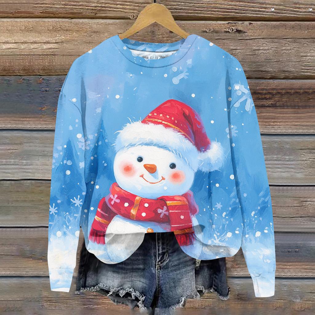 Ladies' Christmas Printed Long Sleeved Round Neck Hoodie Loose Top