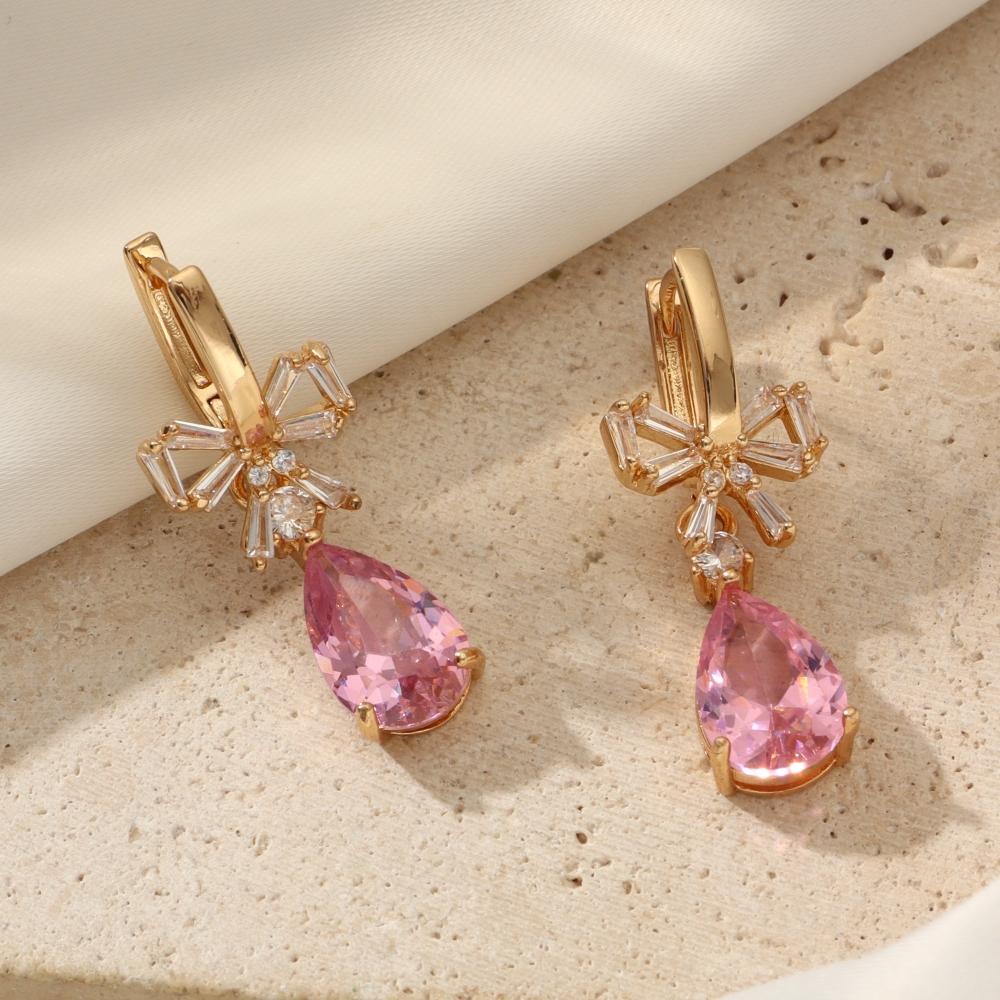 Golden Plated Copper Pink Teardrop Zirconia Drop Earrings for Women