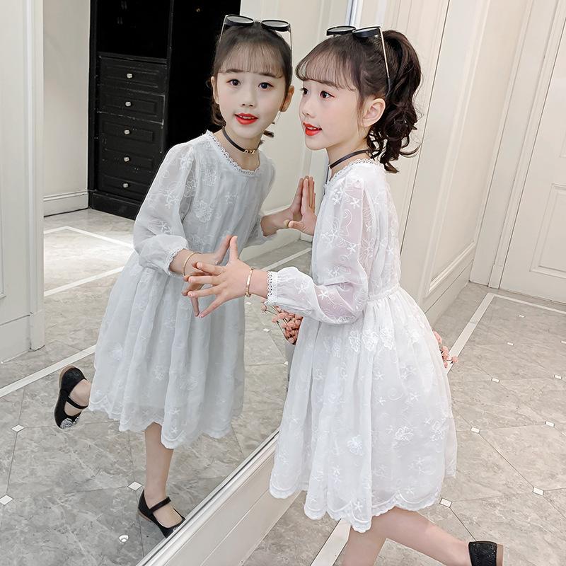 Girls' White Dress Spring Dress Big Children's Skirt Long-sleeved Lace Princess Dress