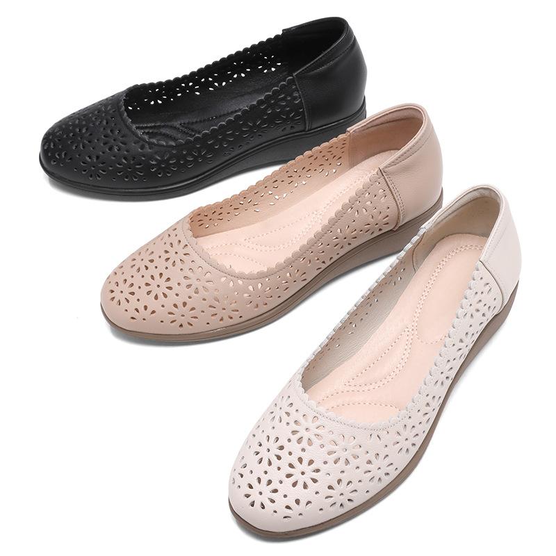 Fashion GKTINOO White Genuine Leather Ladies Breathable Summer Shoes Women Flats Slip-On Loafers Round Toe Soft Flat Shoes Casual